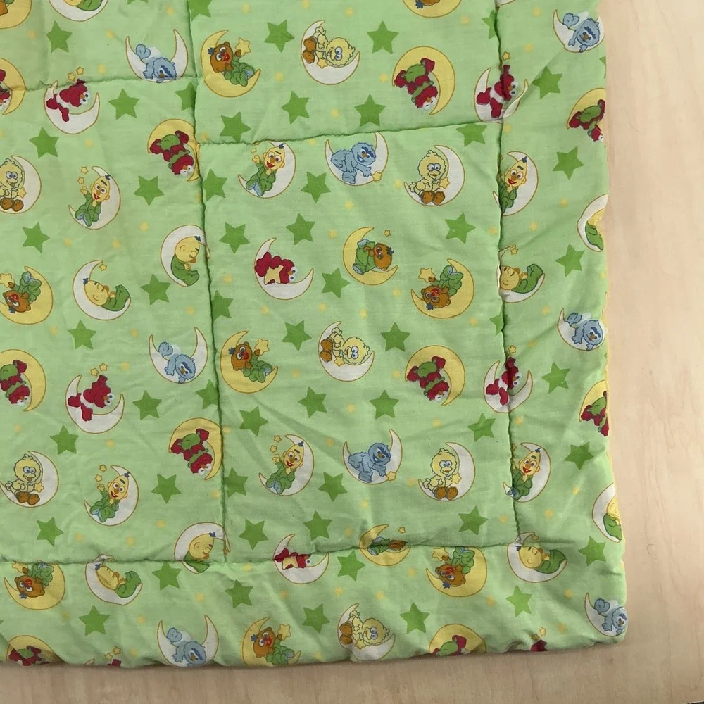Vintage 90s Sesame Street Baby Quilt Toddler Green Yellow Elmo Big Bird 32